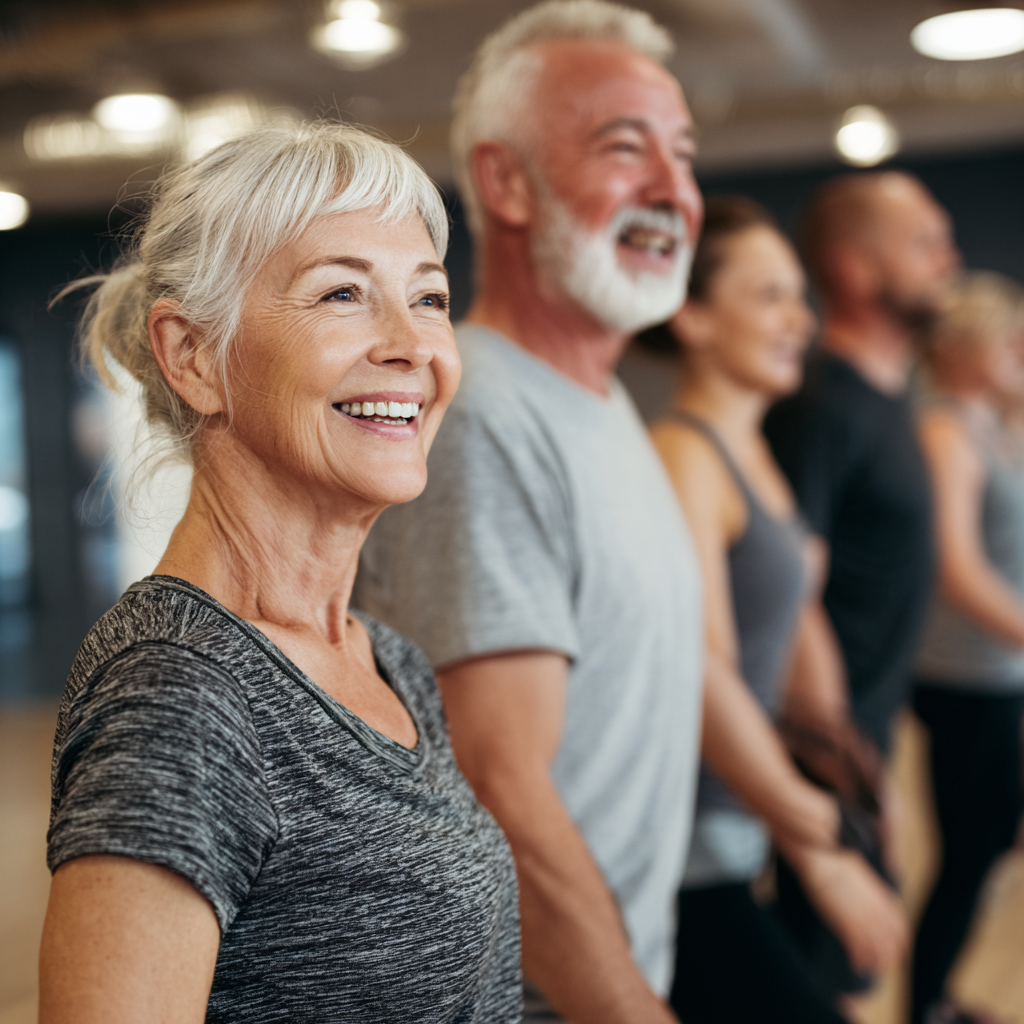 Mature adults enjoying group fitness activities together