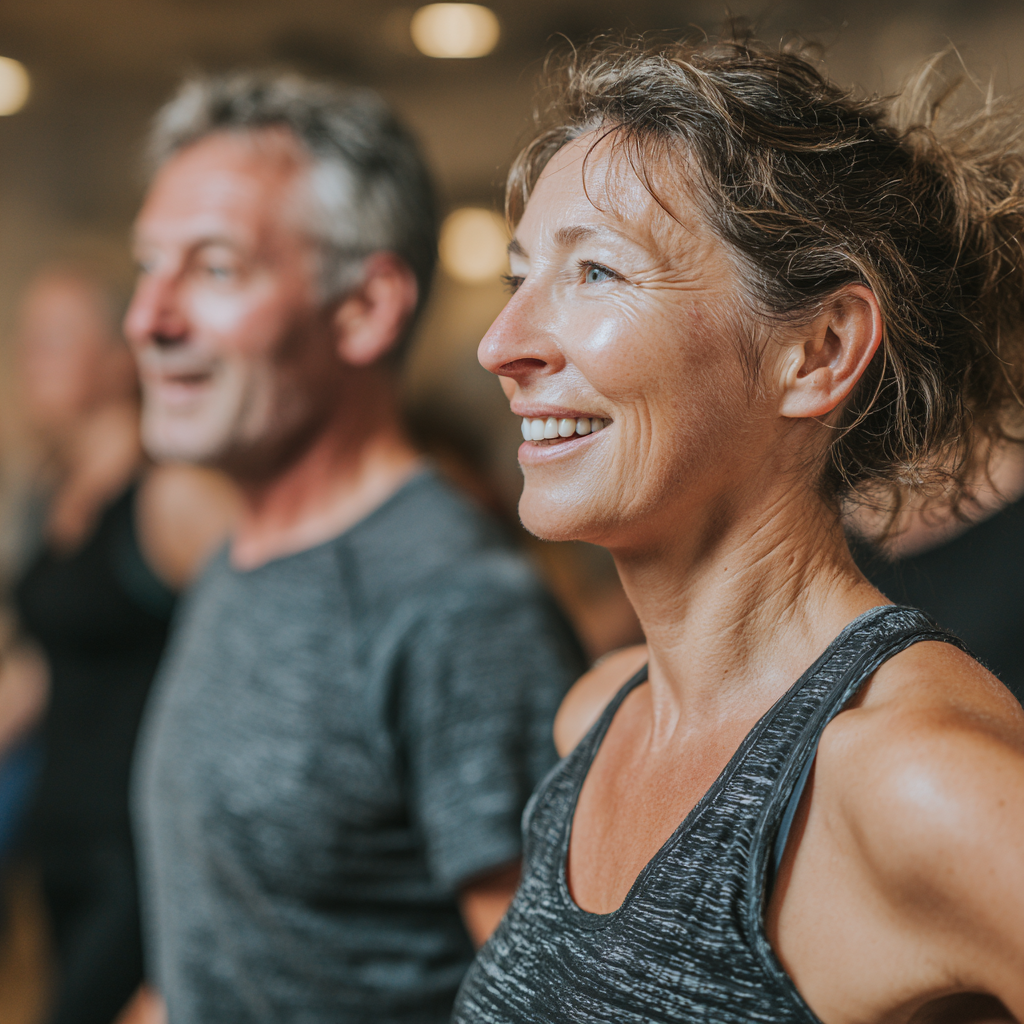 Middle-aged adults participating in cardio fitness session
